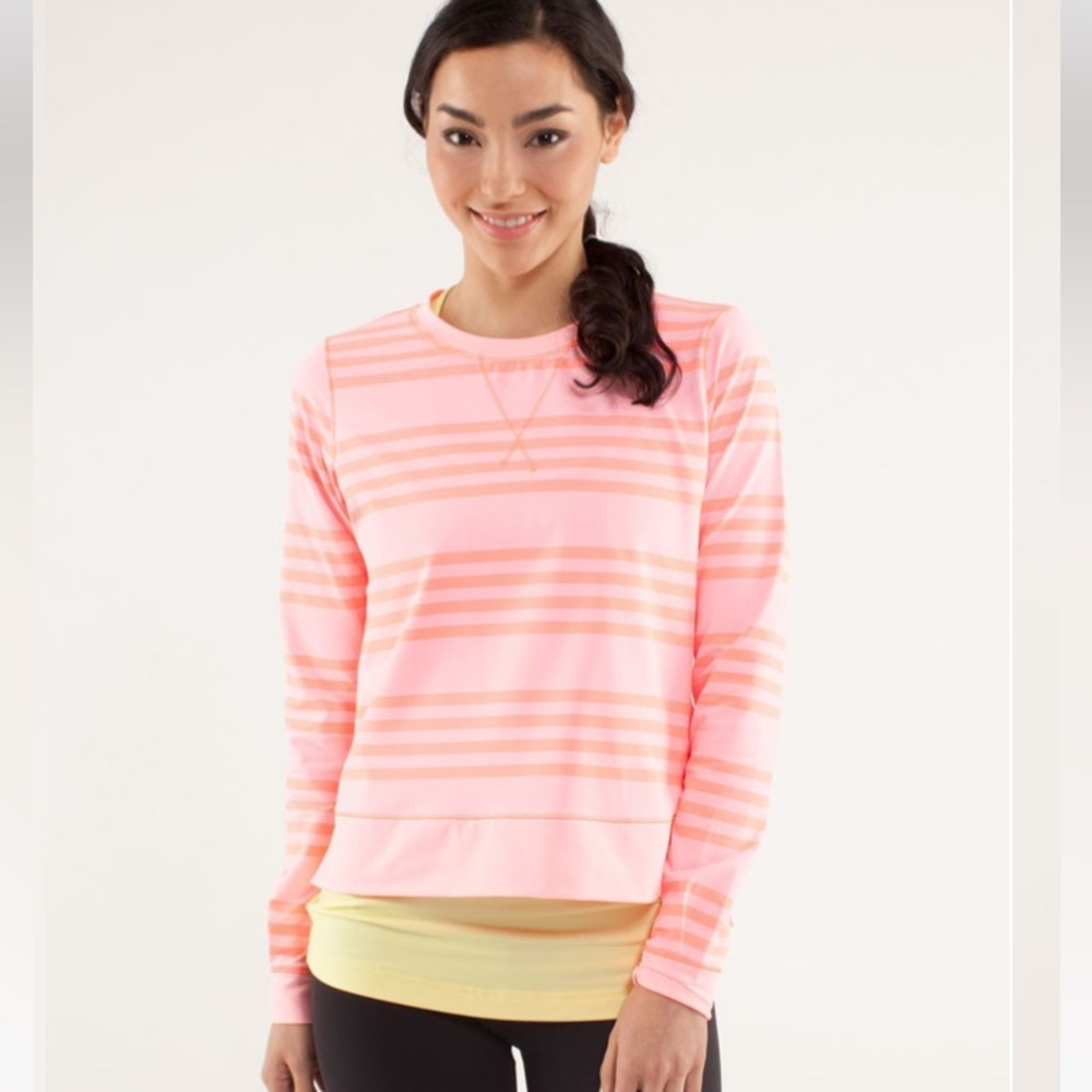 Lululemon Run Pace Crop Ocean stripe Coral/Pop Orange & warm up crew set size 6